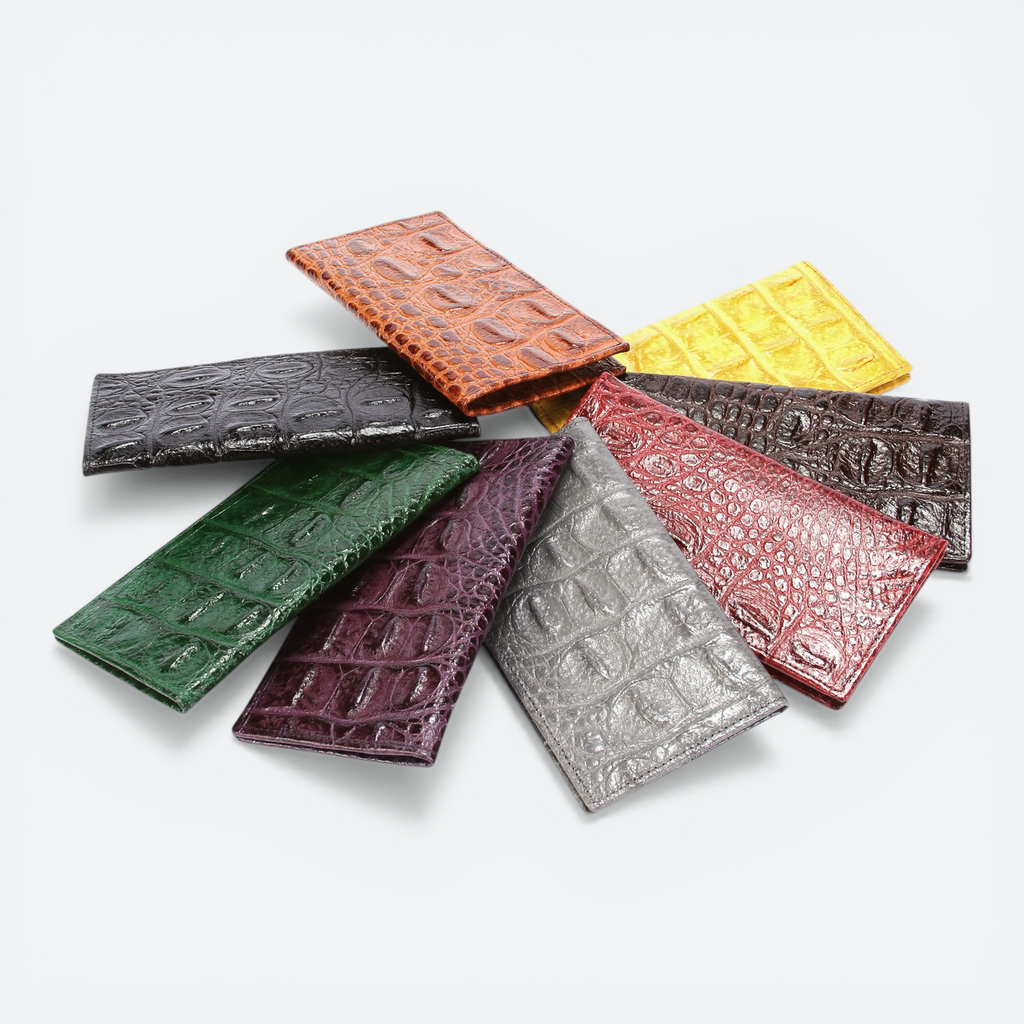 VEARI checkbook wallet in hornback crocodile genuine leather. Available in black, dark brown, light brown, green, purple, grey, red, and yellow.