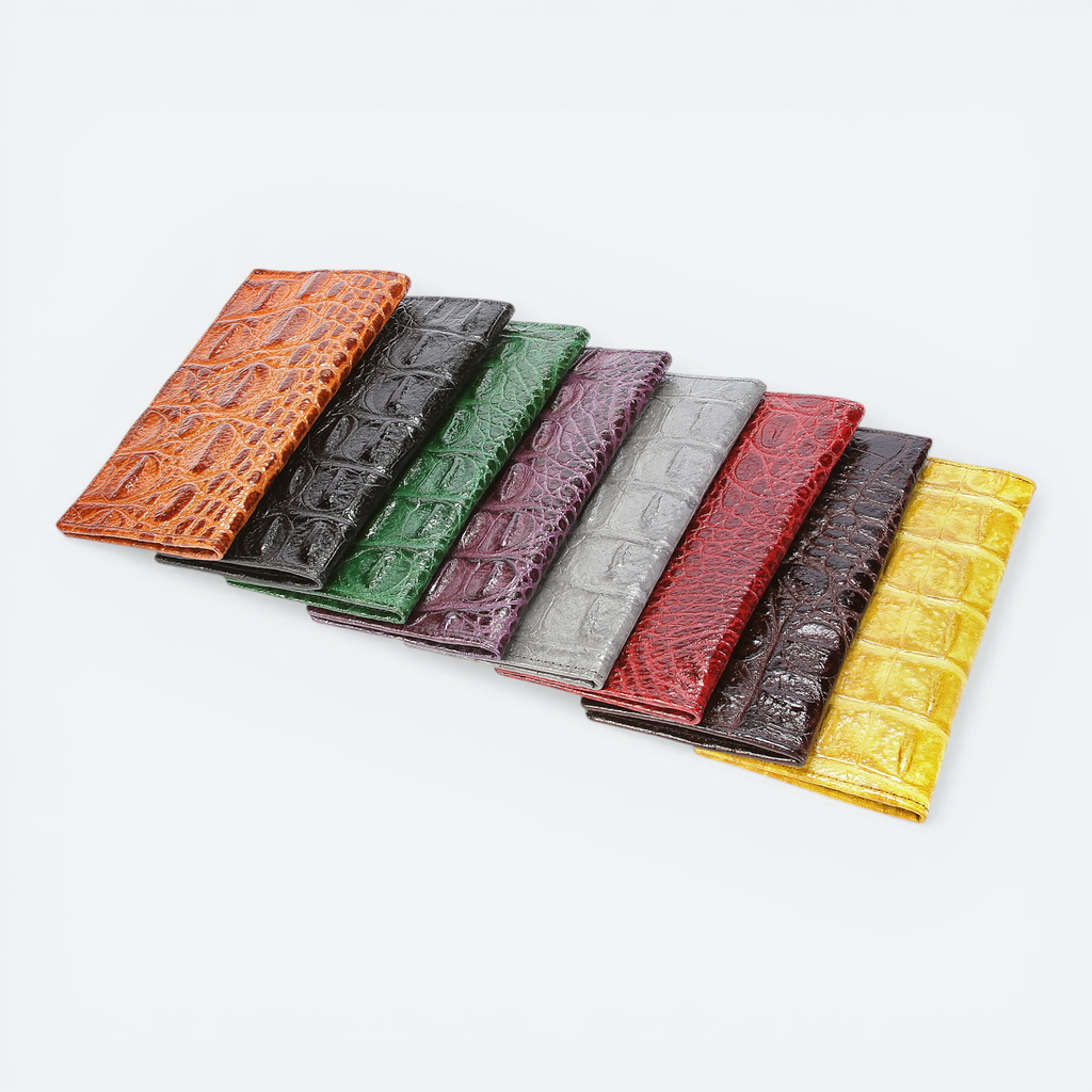 VEARI checkbook wallet in hornback crocodile leather. Available in multiple colors including brown, black, green, purple, grey, red, dark brown, and yellow.