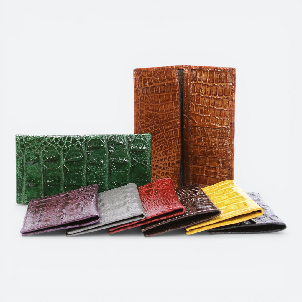 VEARI genuine hornback crocodile leather checkbook wallet available in multiple colors including green, purple, grey, red, brown, yellow, and black.
