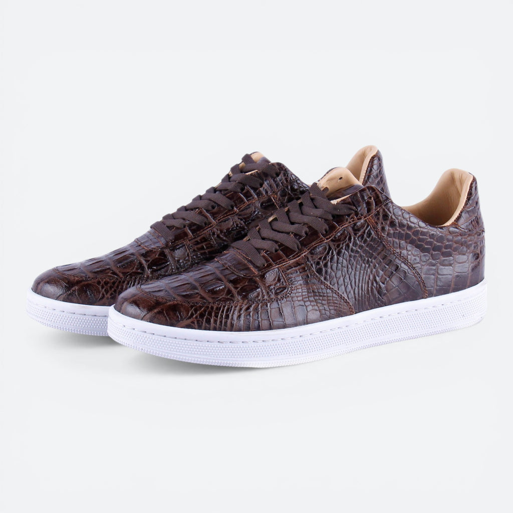 VEARI dark brown alligator leather low top sneakers with white soles and full leather lining.