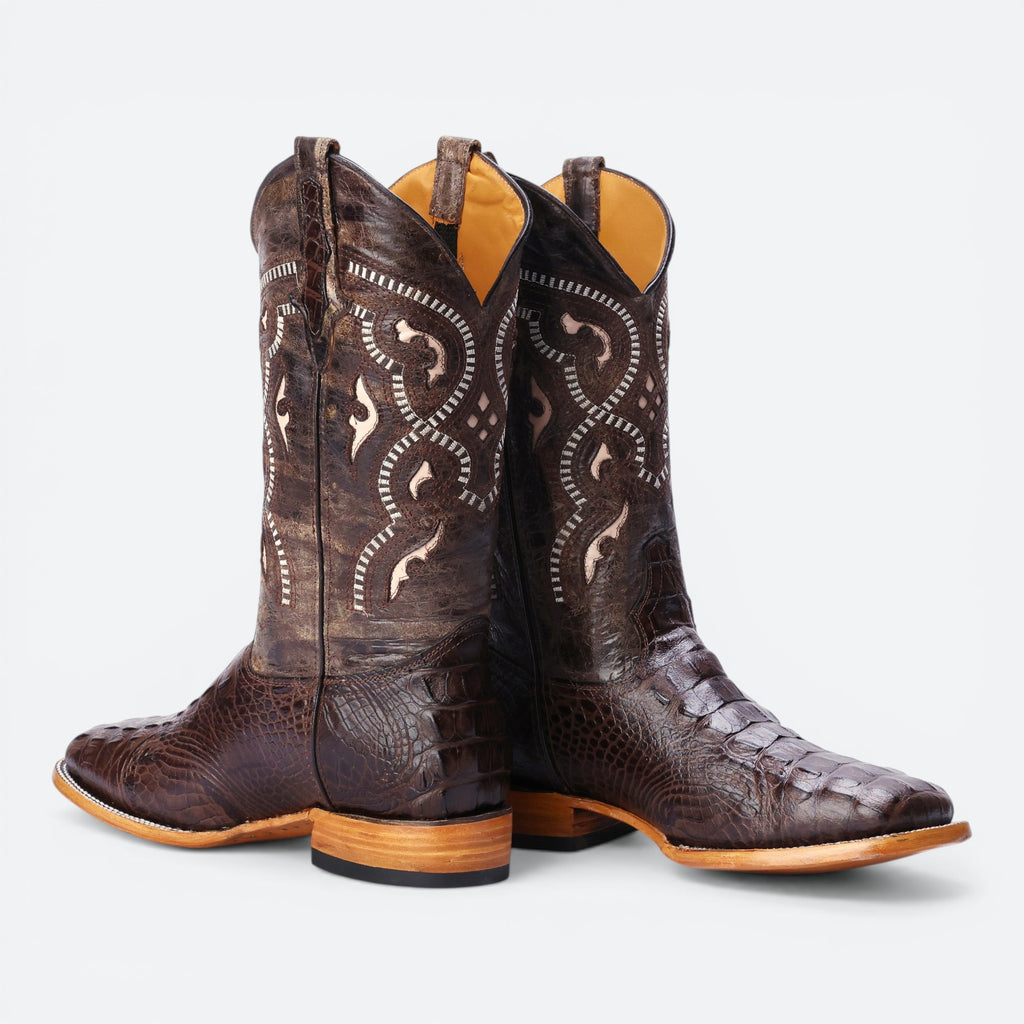 VEARI Buitre Rodeo Western Boots in dark brown alligator leather with intricate stitching and a square toe.