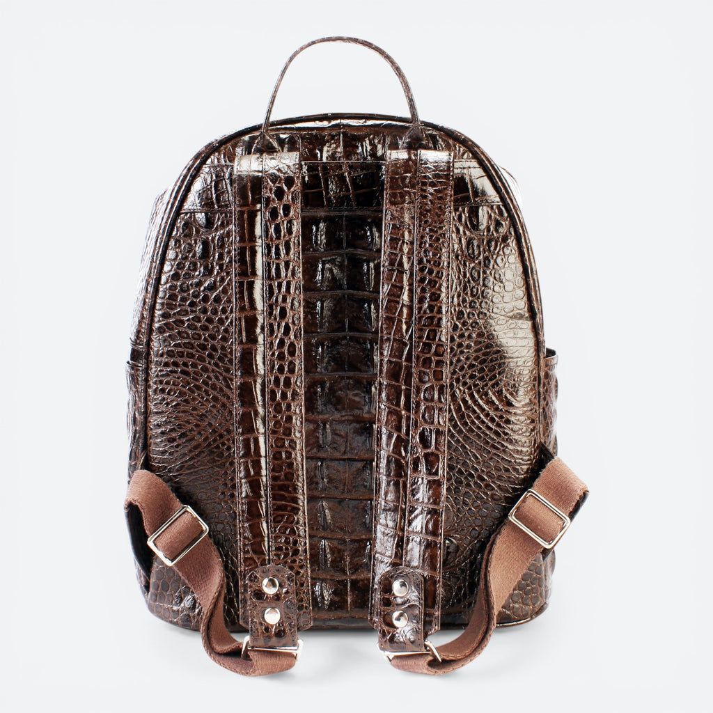 VEARI dark brown hornback crocodile genuine leather backpack with zip pocket and interior zip pocket.