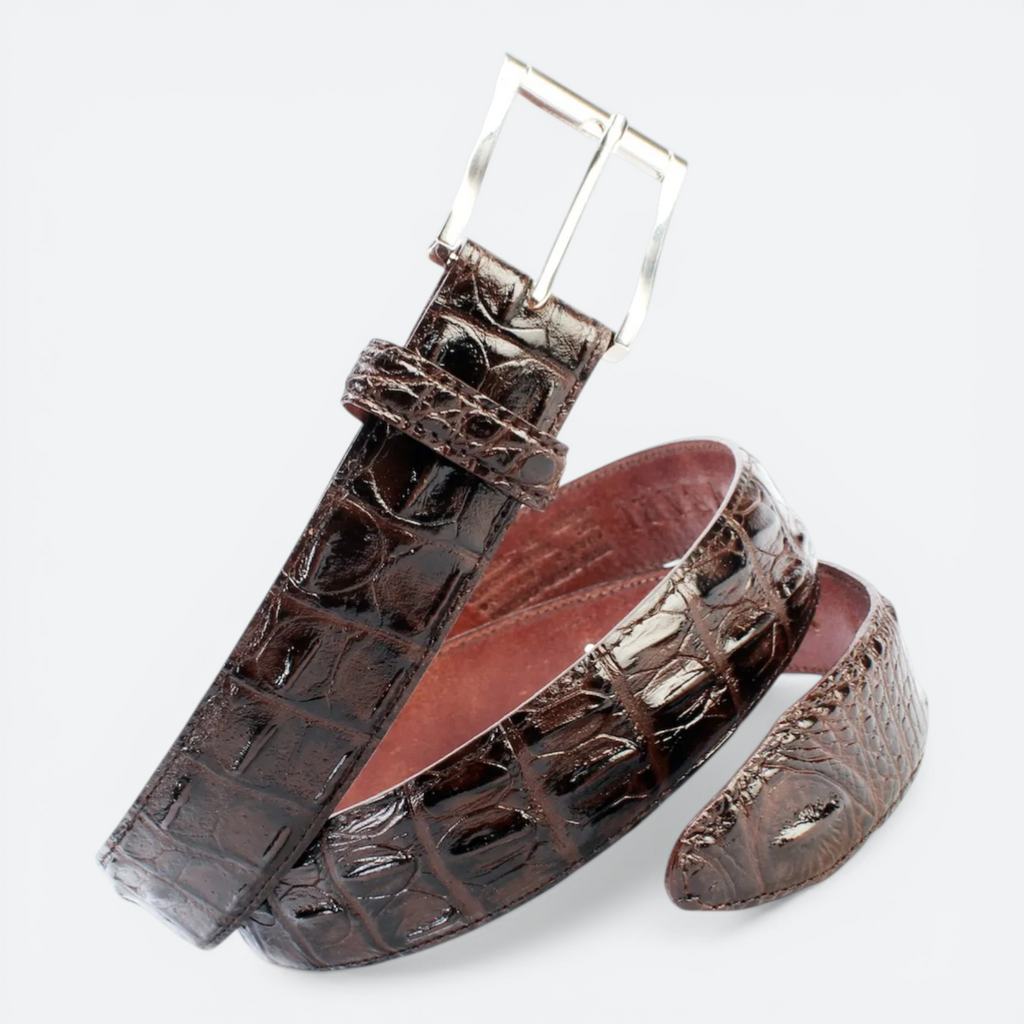 VEARI dark brown genuine crocodile leather belt with silver buckle. 1.3