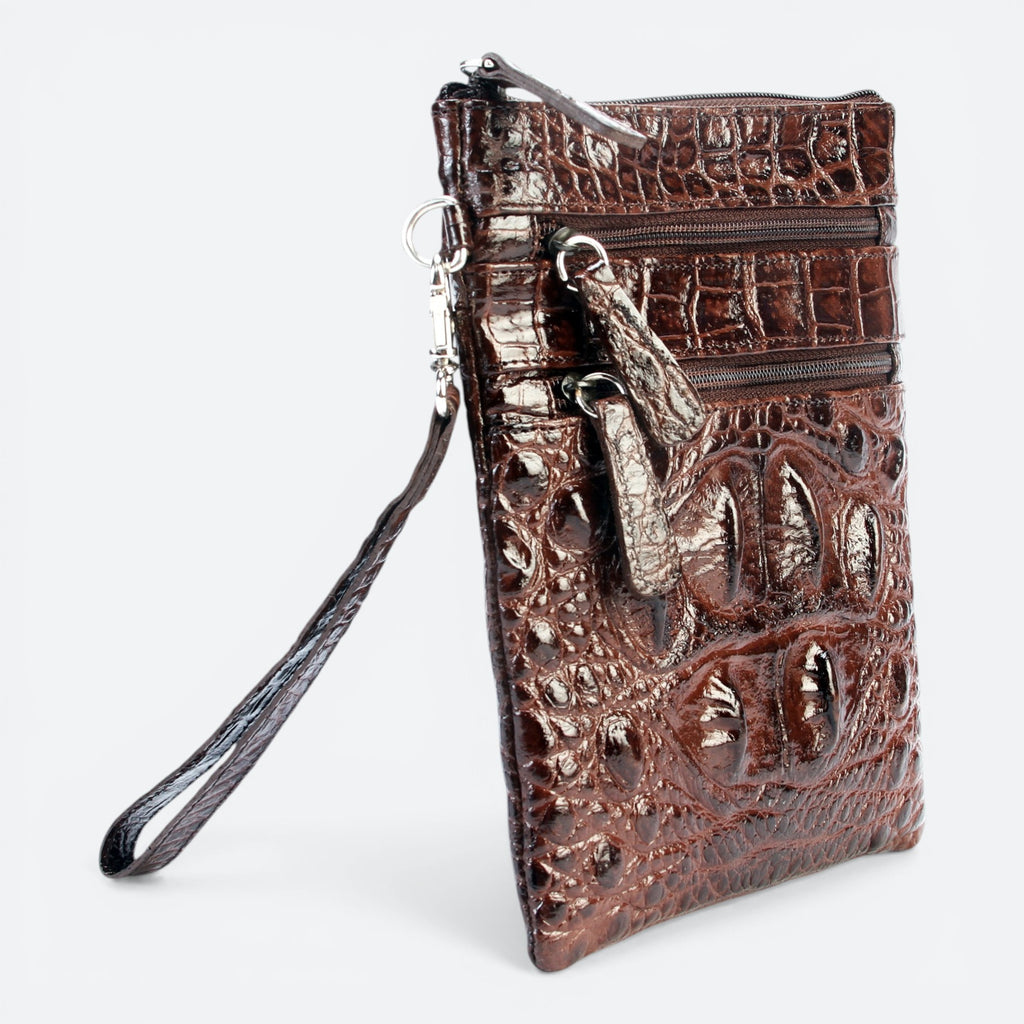 VEARI dark brown hornback crocodile genuine leather carrier bag with zip pockets and wrist strap.
