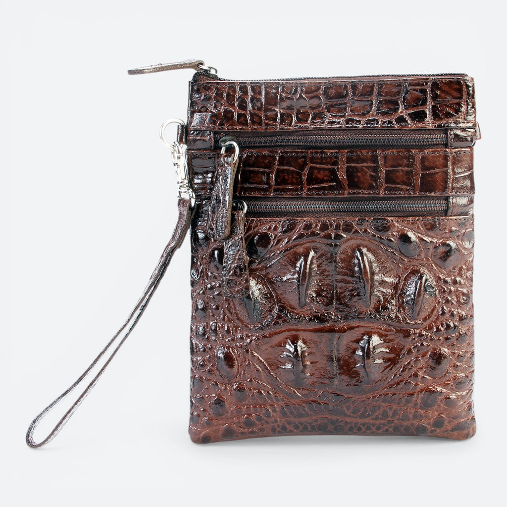 VEARI dark brown hornback crocodile genuine leather carrier bag with zip pockets and wrist strap.