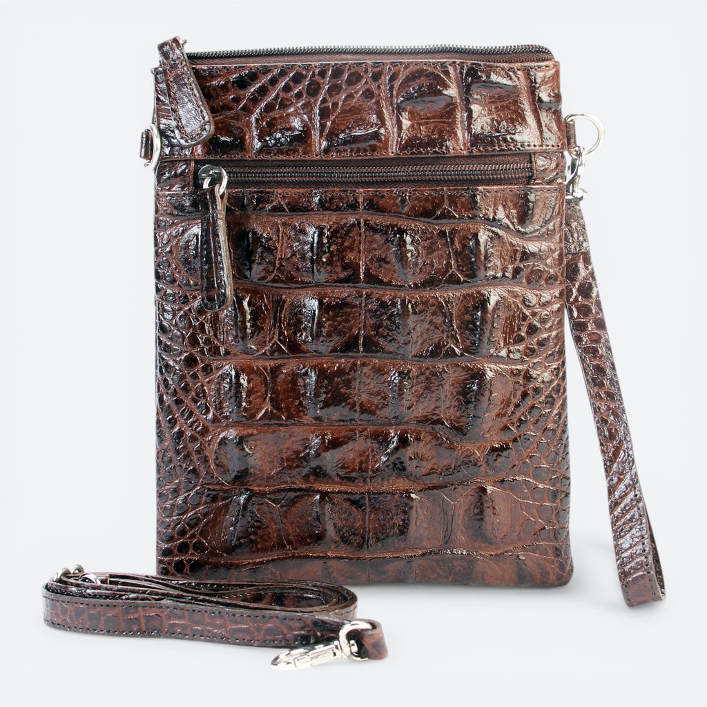VEARI dark brown genuine hornback crocodile leather crossbody bag with zip pocket and organizer pockets.