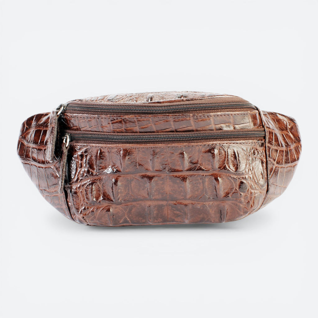 VEARI Savage fanny pack in dark brown genuine leather with crocodile embossed texture and multiple zip pockets.