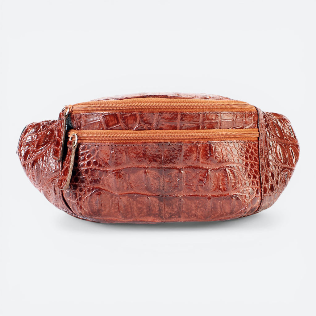 VEARI Savage Fanny Pack in dark brown genuine leather with crocodile texture. Features two zip pockets and organizer pockets.