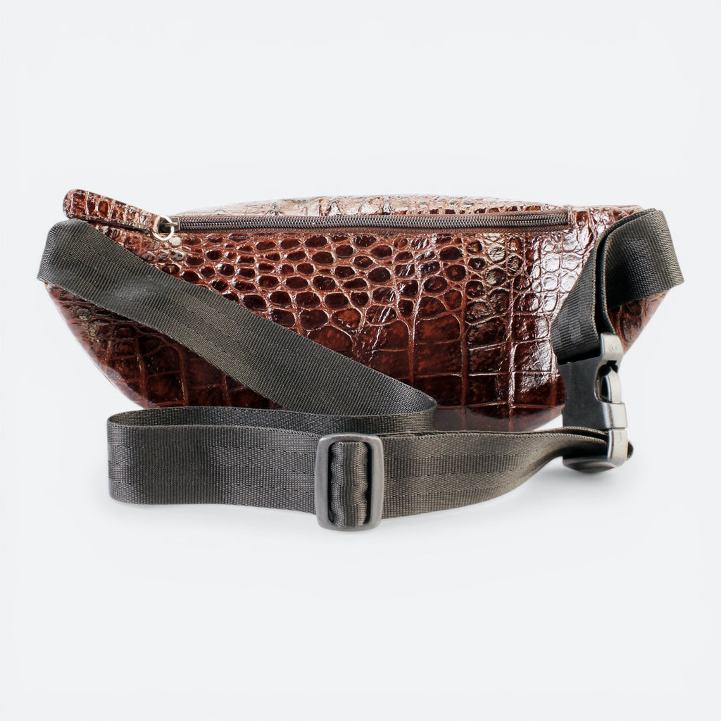 VEARI Savage fanny pack in dark brown genuine leather with crocodile texture. Features zip pocket and adjustable strap.