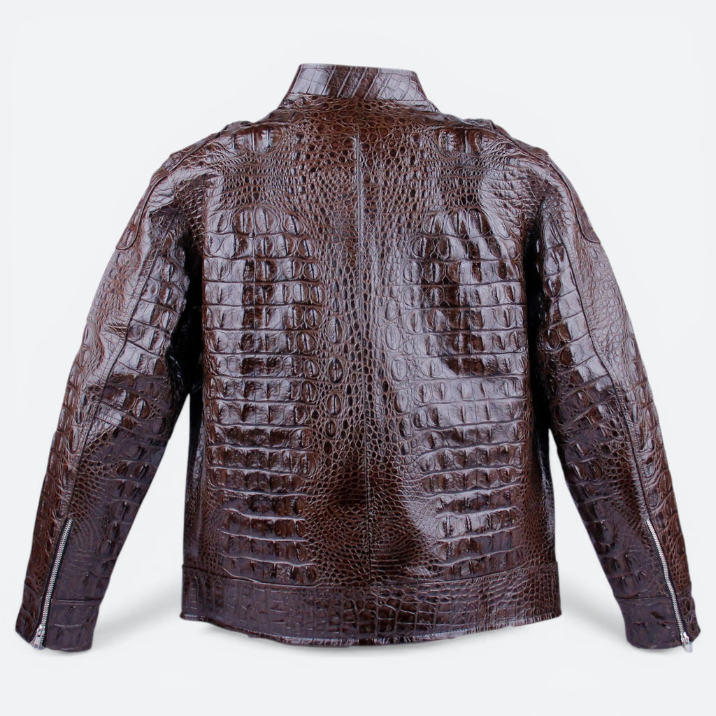 VEARI dark brown genuine crocodile leather motorcycle jacket with zipper details.