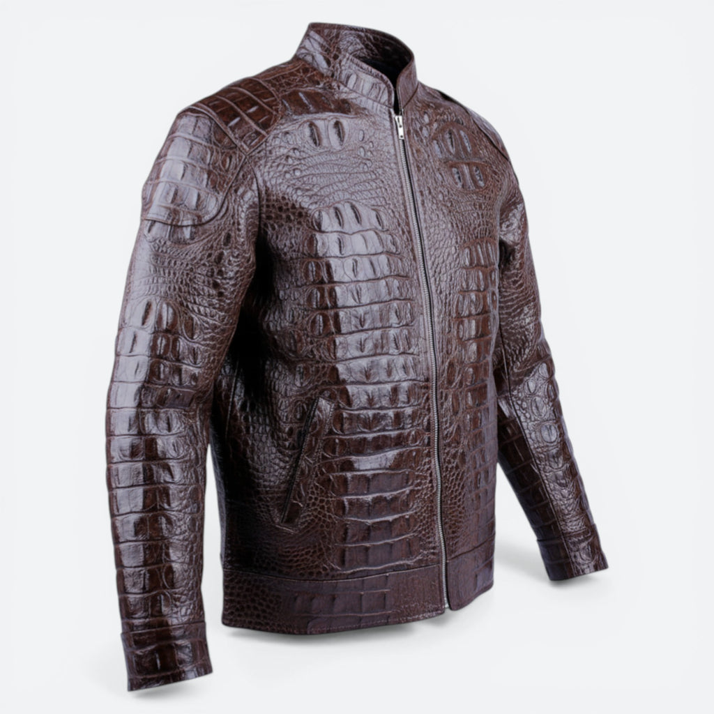 VEARI dark brown genuine crocodile leather jacket with zip closure and zippered pockets.
