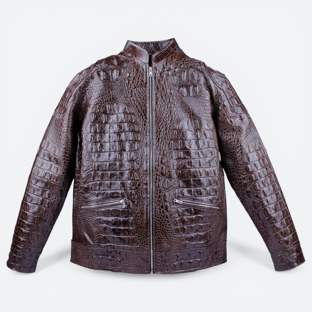 VEARI dark brown genuine crocodile leather motorcycle jacket with zip closure and pockets.
