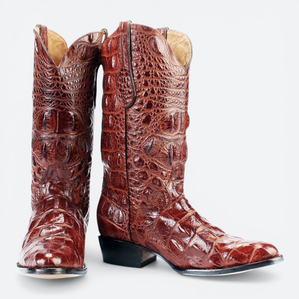 VEARI Buitre Western Boots in dark brown hornback crocodile leather with full leather lining and sole.