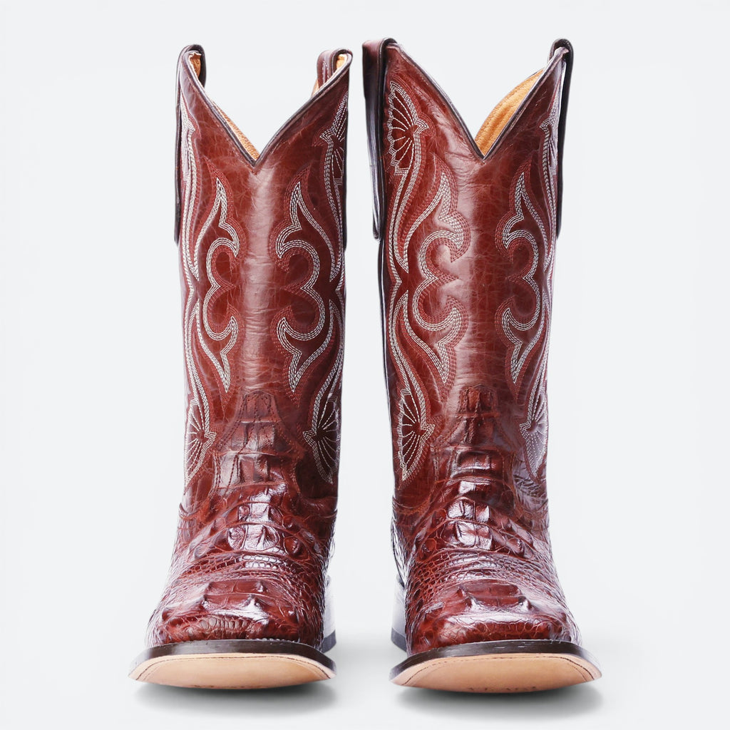 VEARIS Buitre Rodeo Western Boots in dark brown genuine hornback leather with intricate white stitching and leather sole.