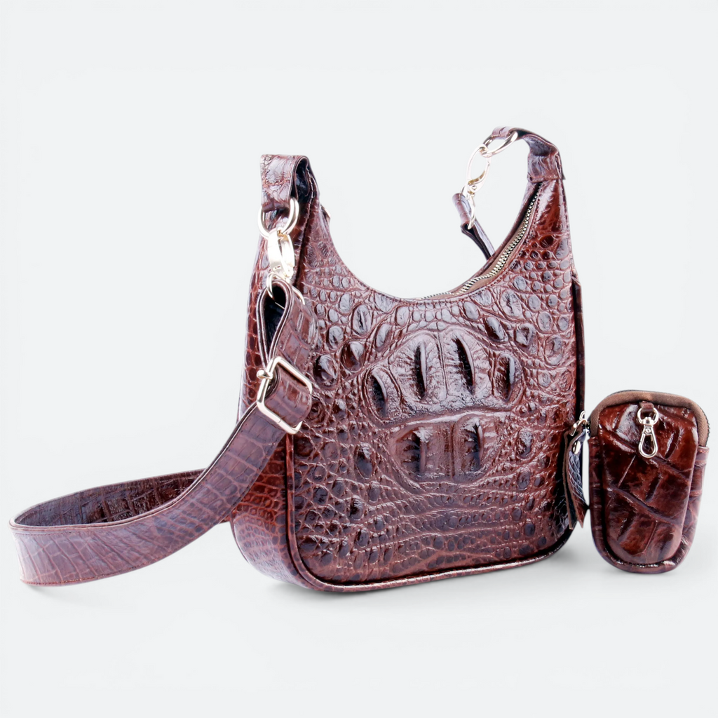 VEARI dark brown genuine leather shoulder bag with embossed crocodile pattern and matching wallet. Features zip pocket.