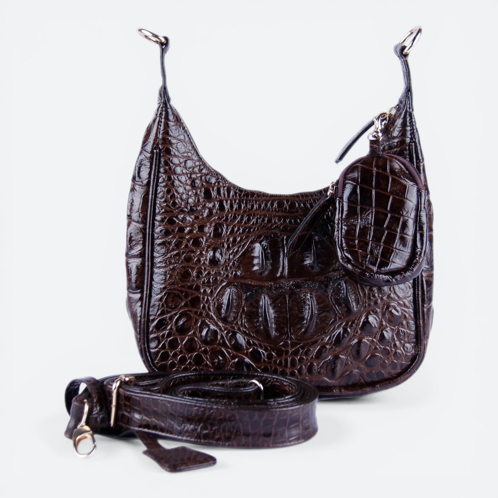 VEARI dark brown hornback genuine leather shoulder bag with embossed crocodile pattern, zip pocket, and detachable strap.