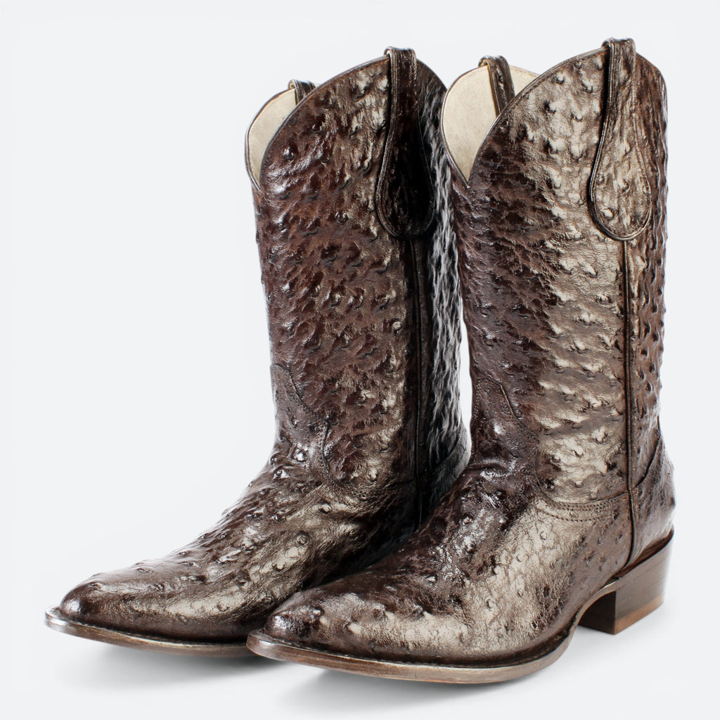VEARI Buitre dark brown ostrich leather western cowboy boots with full leather lining and sole.