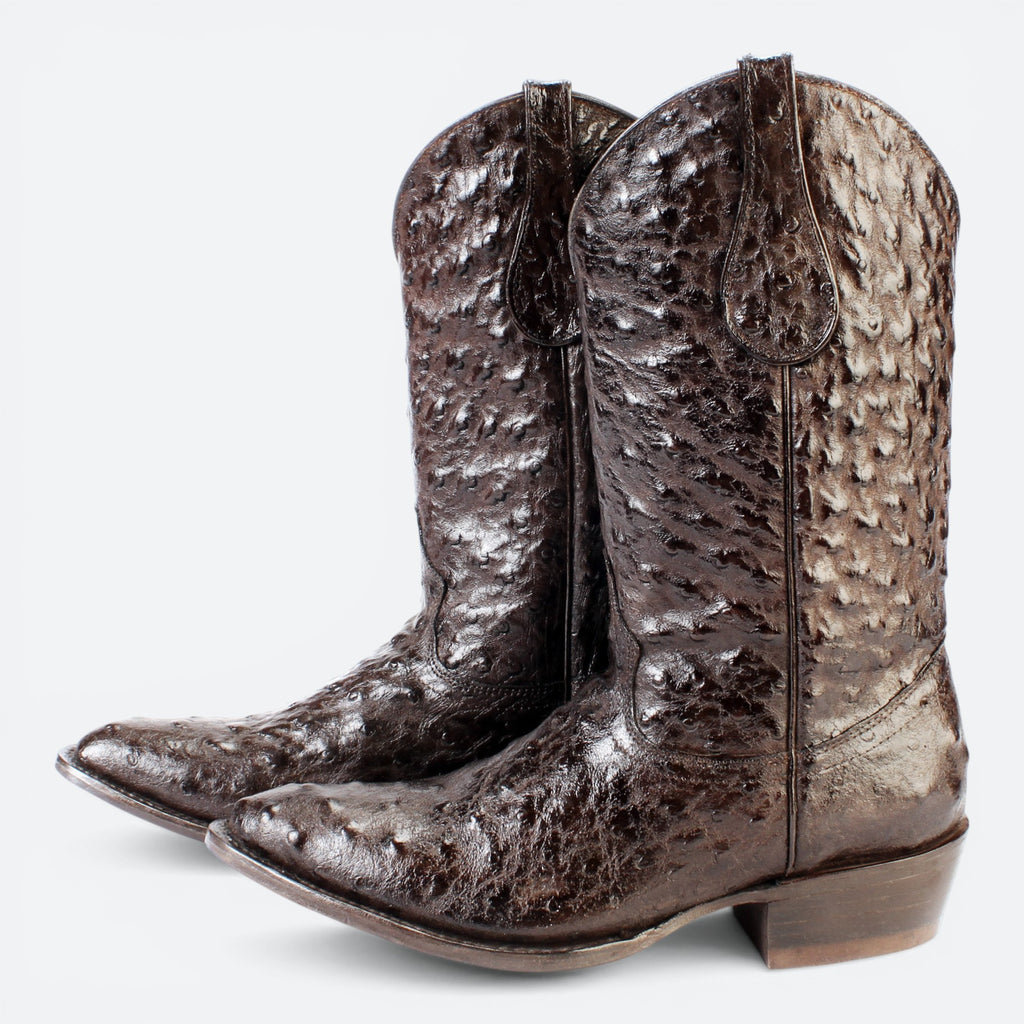 VEARI Buitre dark brown ostrich leather western boots with full leather lining and sole.
