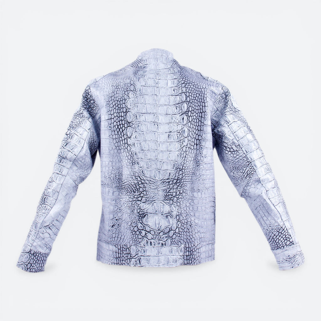 VEARI Icon Jacket in ice blue genuine hornback crocodile leather with a textured finish.