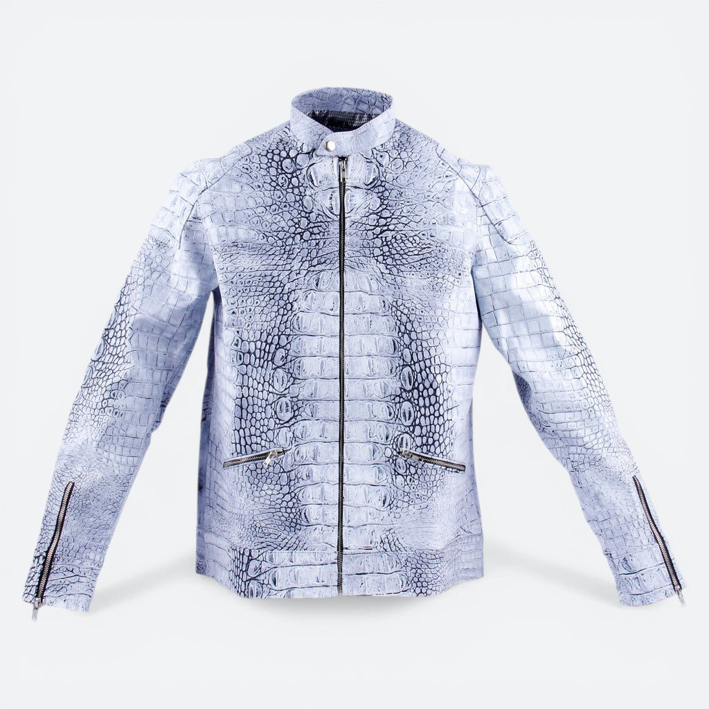VEARI Icon Jacket in ice blue genuine hornback crocodile leather with zippered cuffs and pockets.