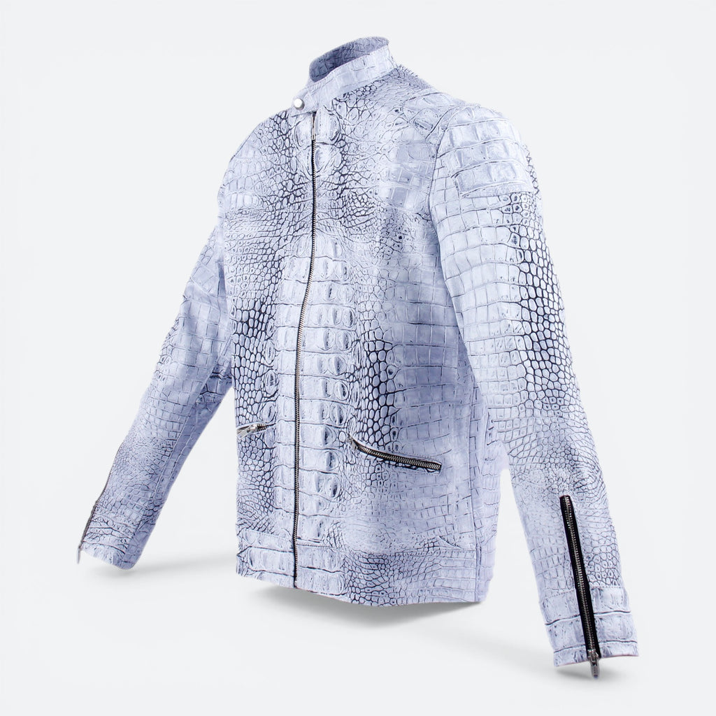 VEARI ice blue hornback crocodile genuine leather jacket with zip details
