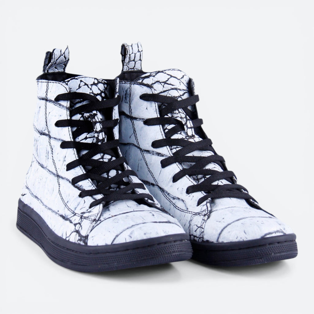 VEARI limited edition ice white alligator leather hi-top sneakers with black laces and full leather lining.