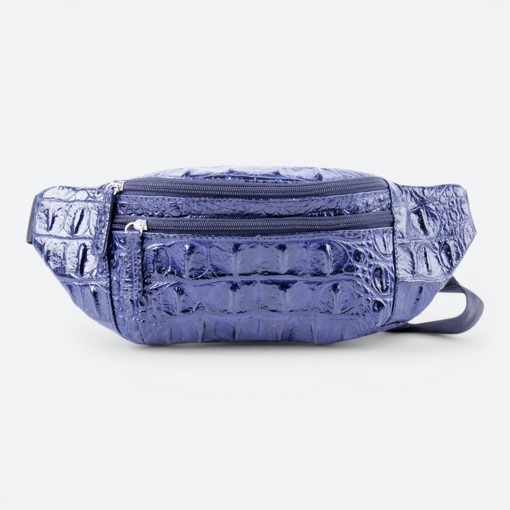 VEARI Savage fanny pack in navy blue genuine leather with crocodile embossed texture. Features zip pockets and organizer pockets.