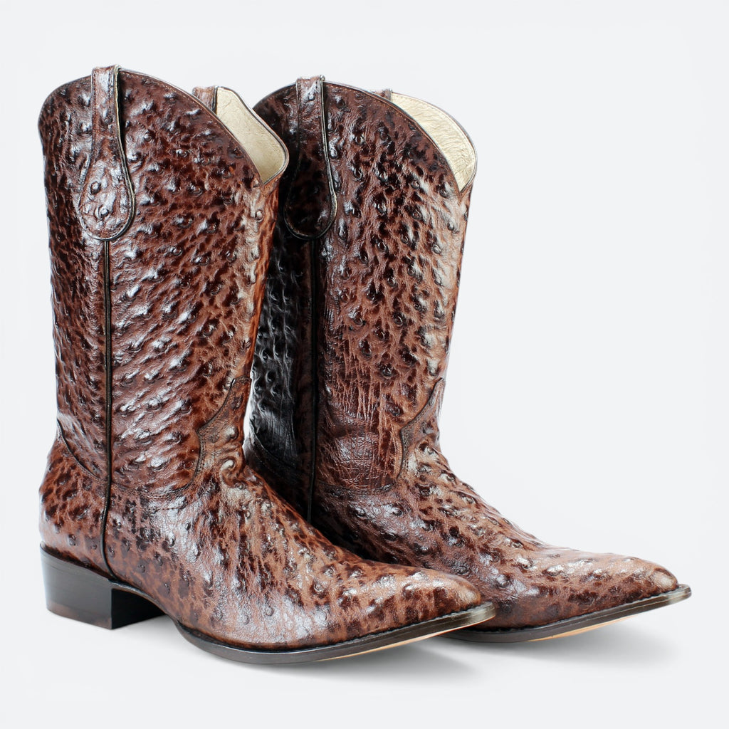 VEARI Buitre Western Men's Boots in dark brown genuine ostrich leather with full leather lining and sole.