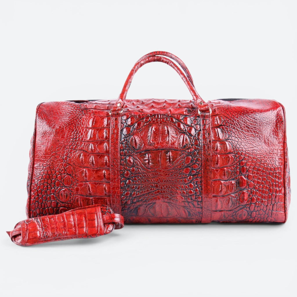 VEARI red hornback crocodile genuine leather carry-on travel bag with zip pocket and organizer pockets.