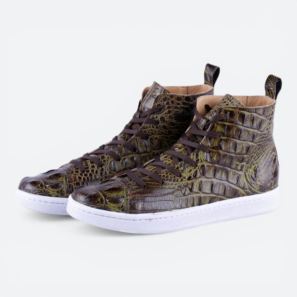 VEARI swamp green alligator leather hi-top sneakers with white soles and full leather lining.