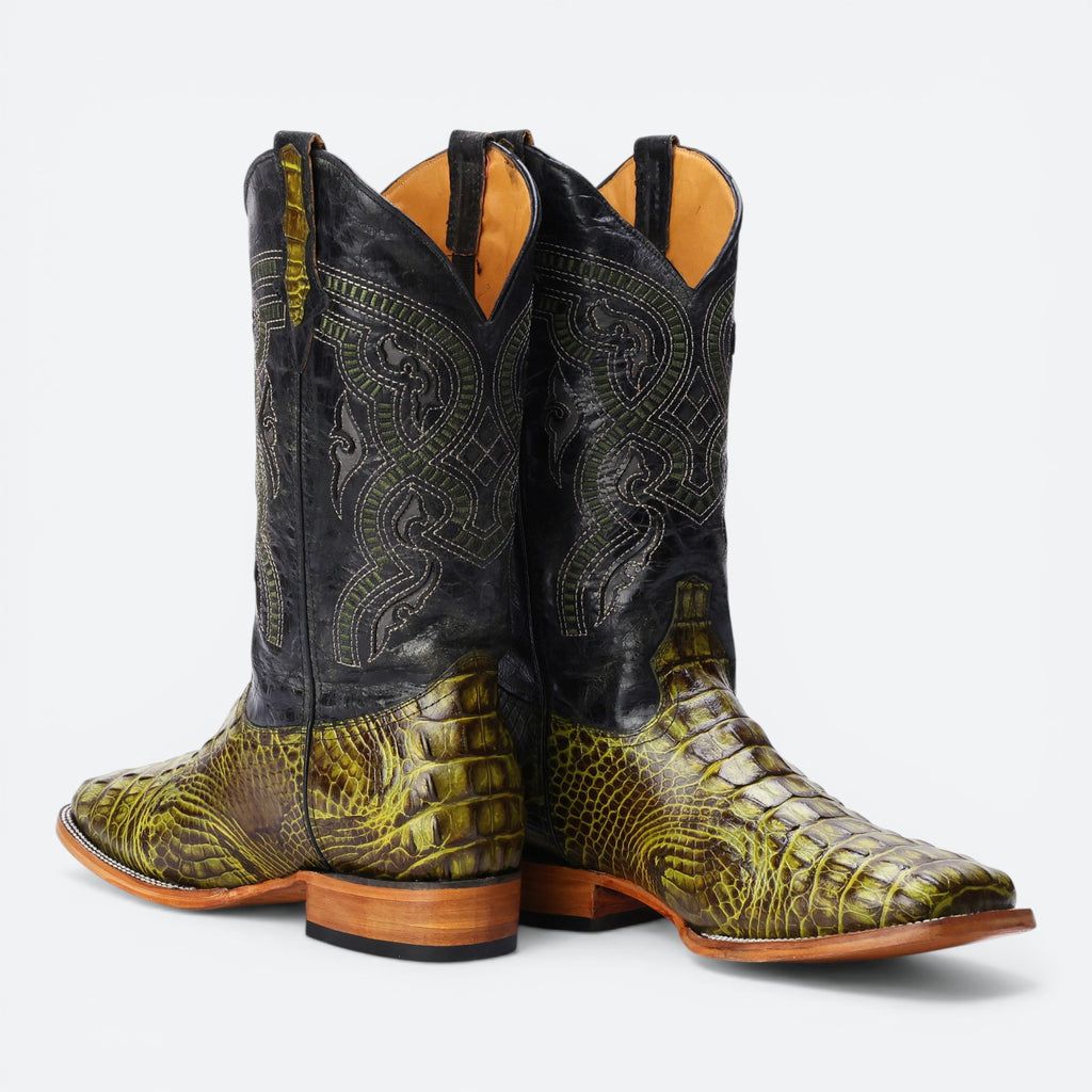 VEARI Buitre Rodeo Western Boots in swamp green hornback crocodile leather with full leather lining and sole.
